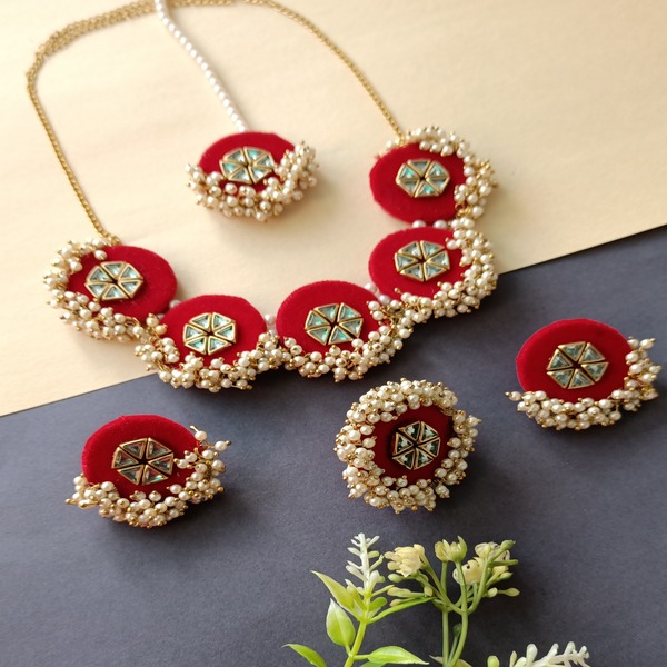 Red velvet Fabric jewellery with kundan work set 
