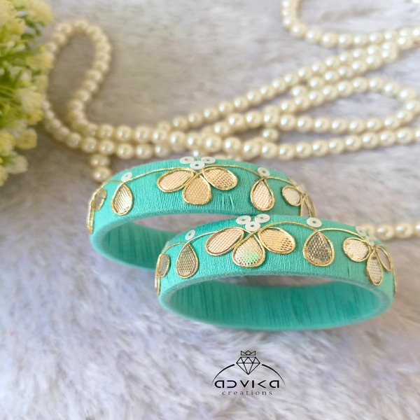 Green Cotton Thread Kada Bangle with gota Embroidery 