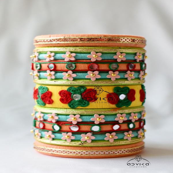  Green and Red Flower embroided Bangles