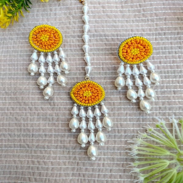 Yellow Beaded earring with hanging for Women's and girls