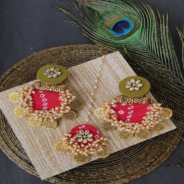 Red Chunri Print fabric earring mangtika for Haldi, Mehndi, baby shower, Set For Women And Girls