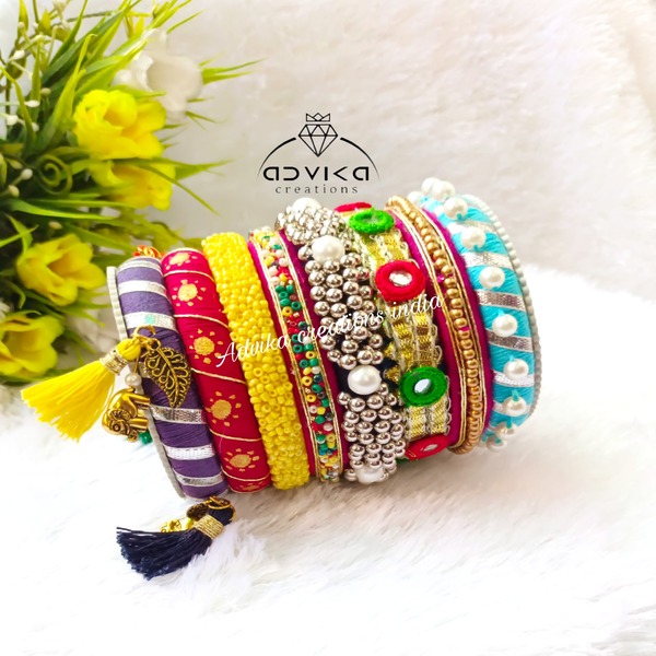 Hand-Painted Cotton Thread Bangle Set with Multicolor Tassels 