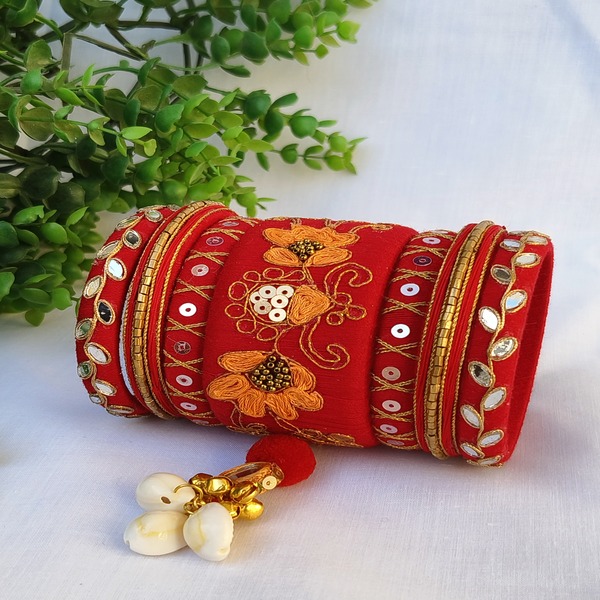 Orange Cotton Thread Embroidered bangle with Beautiful Latkan 