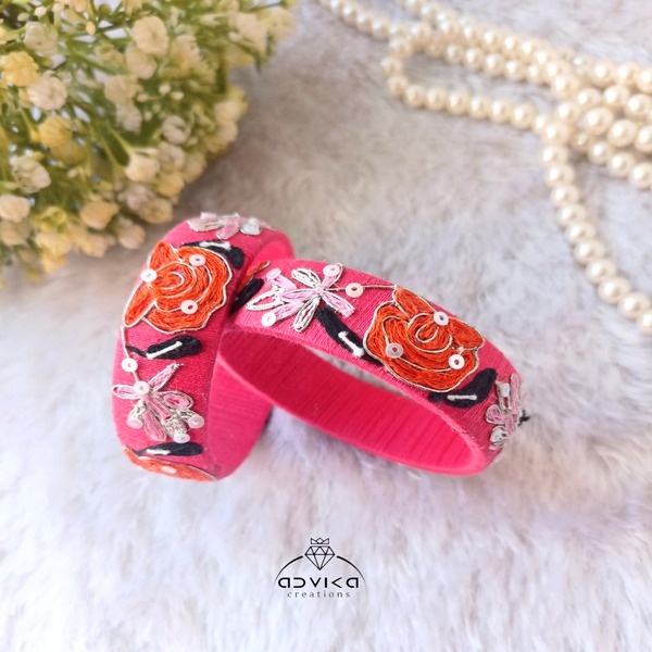 Pink Cotton Thread Kada Bangle with Multi-Color Embroidery