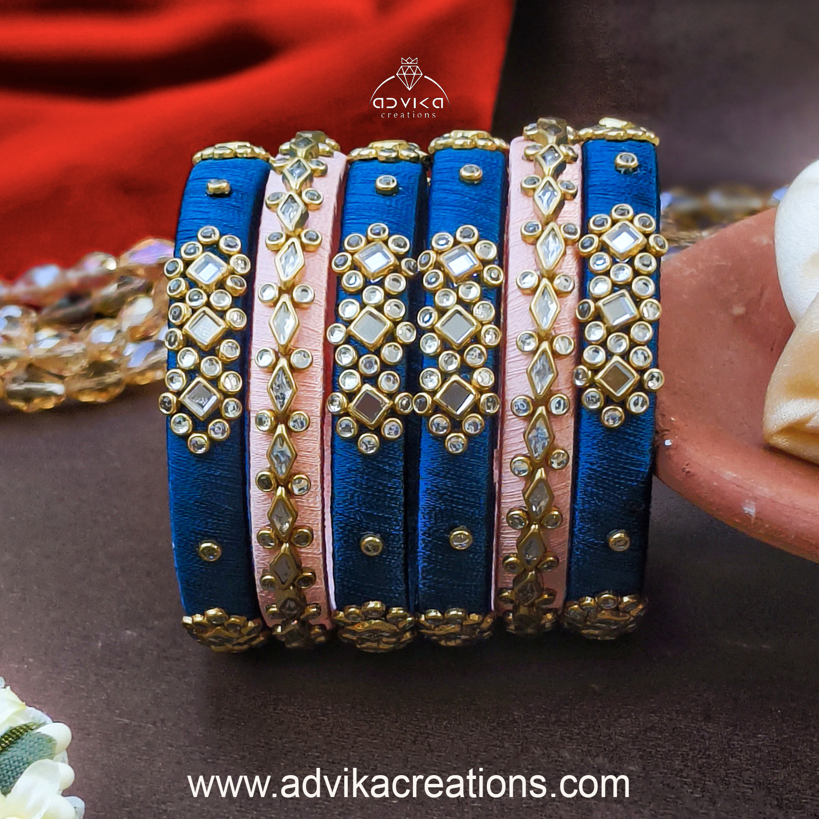 Peach & Blue Silk Thread Kundan Bangle Set