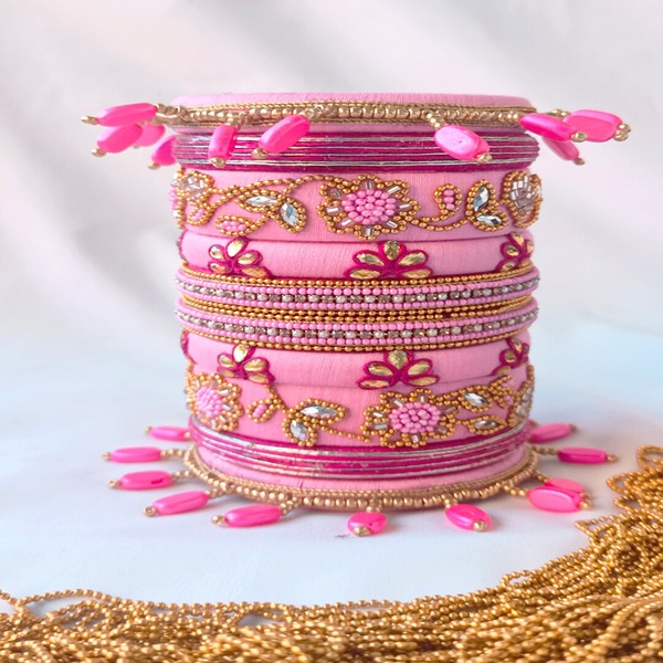Pink Cotton Thread Bangles with Embellishments 