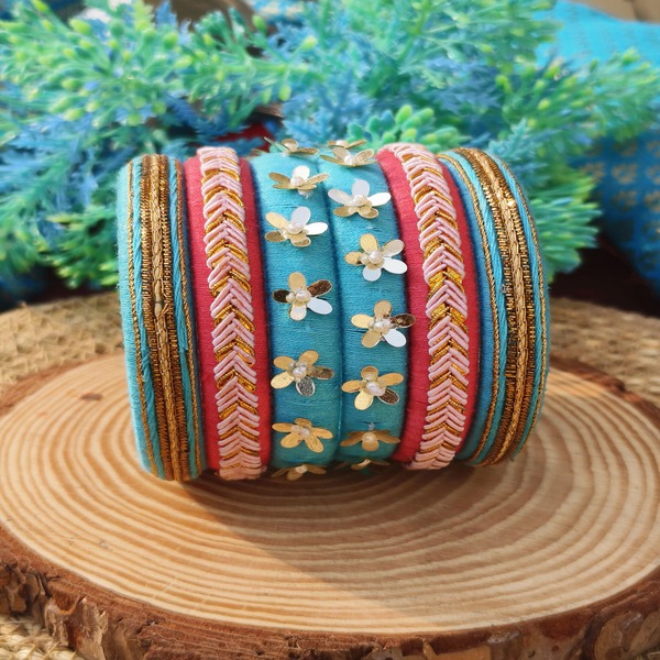 Embroidered Cotton Thread Bangle Set with Floral Sequins