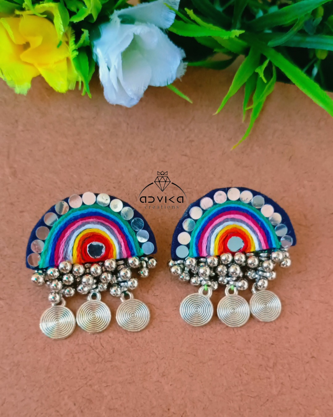 Handicrafted Rainbow earring with mirror & silver coin