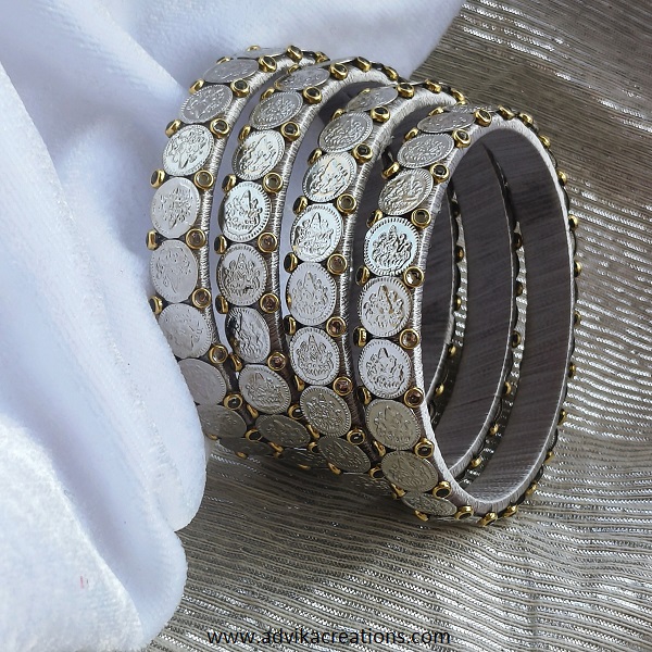 Silver coin silk thread kada bangle