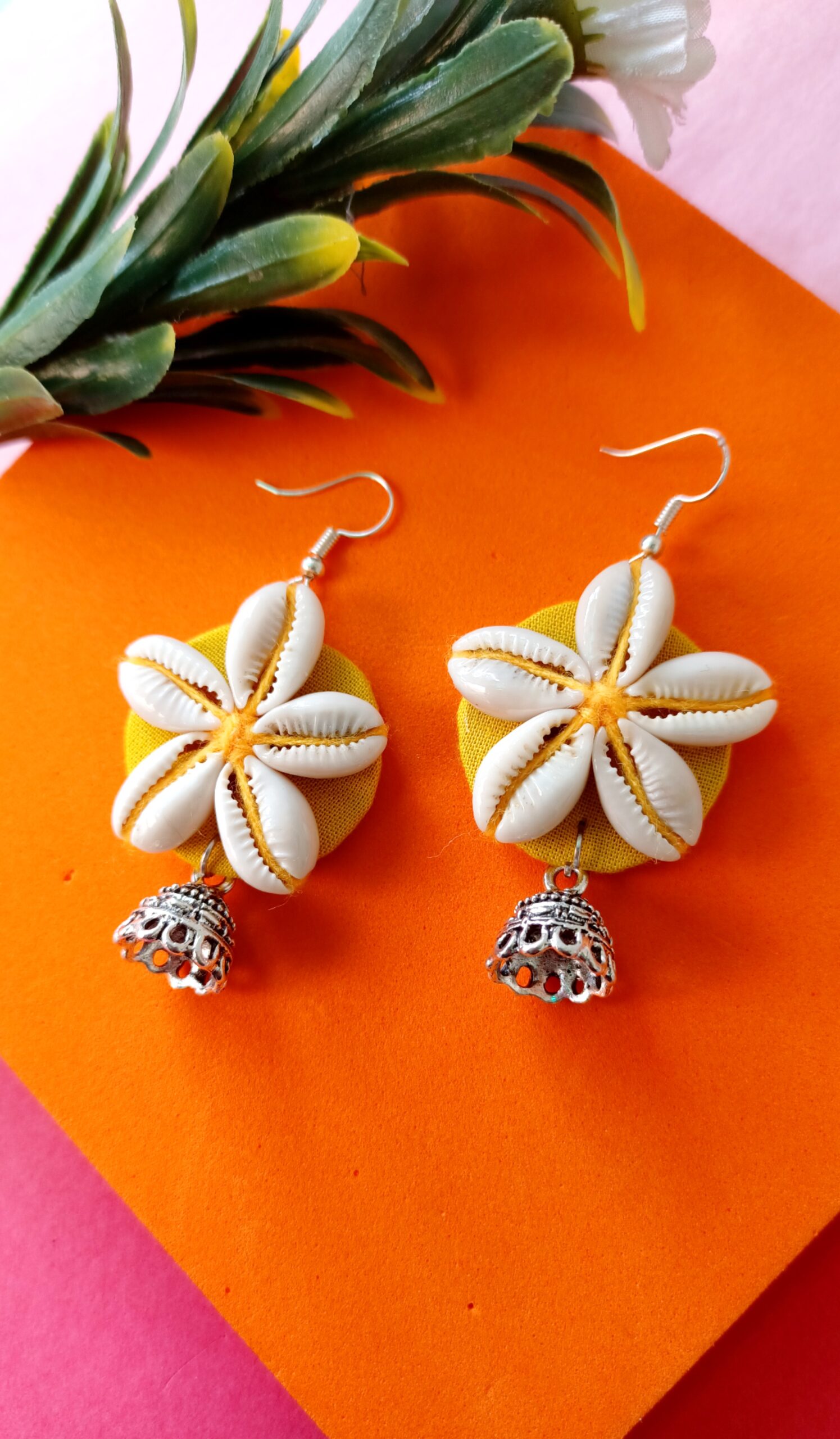 yellow fabric Earring with cowrie 