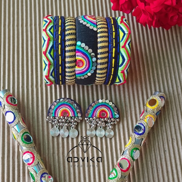 multicolour rainbow cotton bangle set with matching earrings