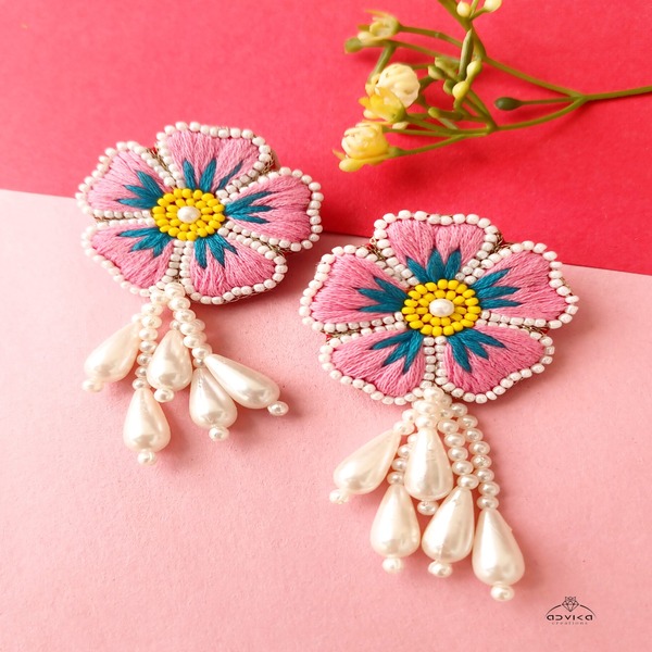 Pink Flower Beaded Earring