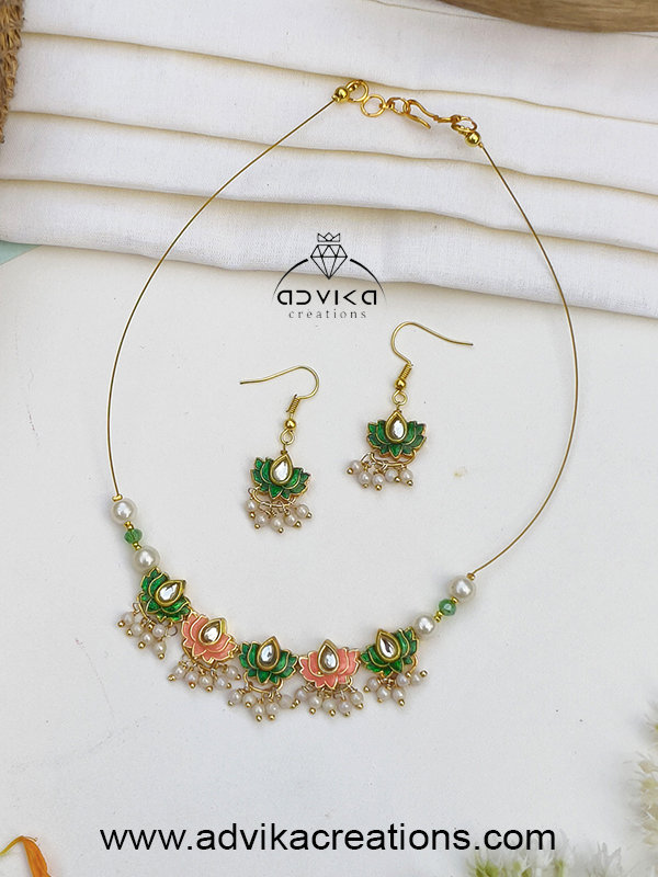 Delicate Invisible Necklace Set with Peach & Green Lotus Design