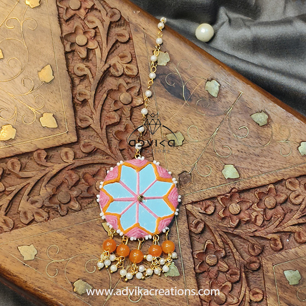 Orange & Pink Mirror Maangtika 