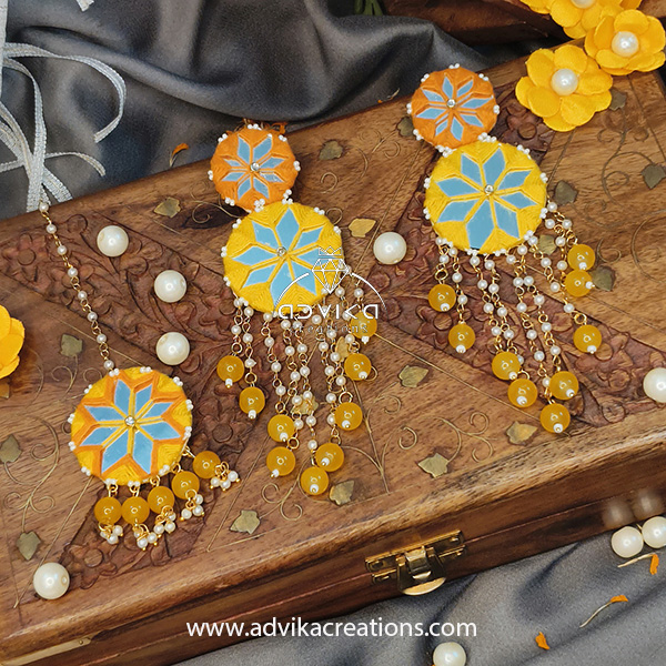Bright Yellow & Orange Mirror Earrings and Maangtika 