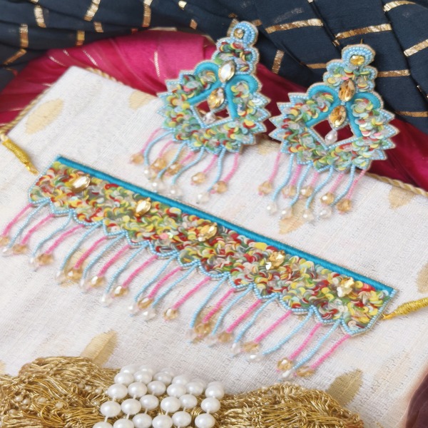 Handmade pink and sky blue beaded jewellery set for women