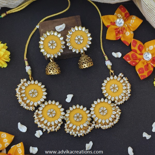 Radiant Yellow Fabric Jewelry Set with Kundan Work