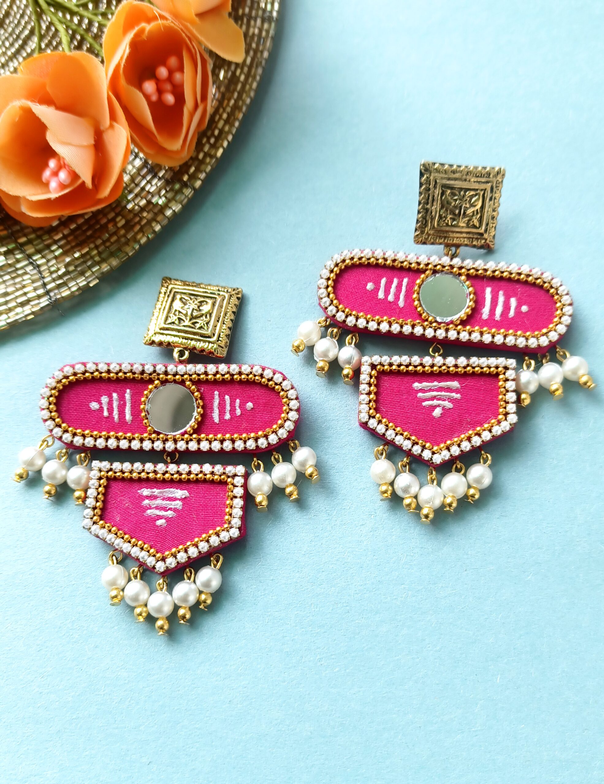 Rani pink fabric & pearl Earring set