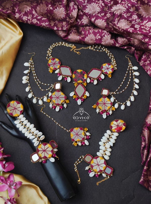 Vibrant Magenta & Yellow Mirror and Cowrie Shell Jewelry Set