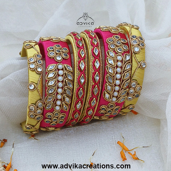 Elegant Pink & Lemon Green Silk Thread Bangles