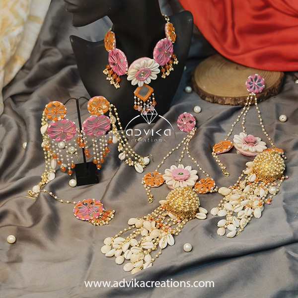 Vibrant Orange & Pink Mirror and Cowrie Shell Jewelry Set