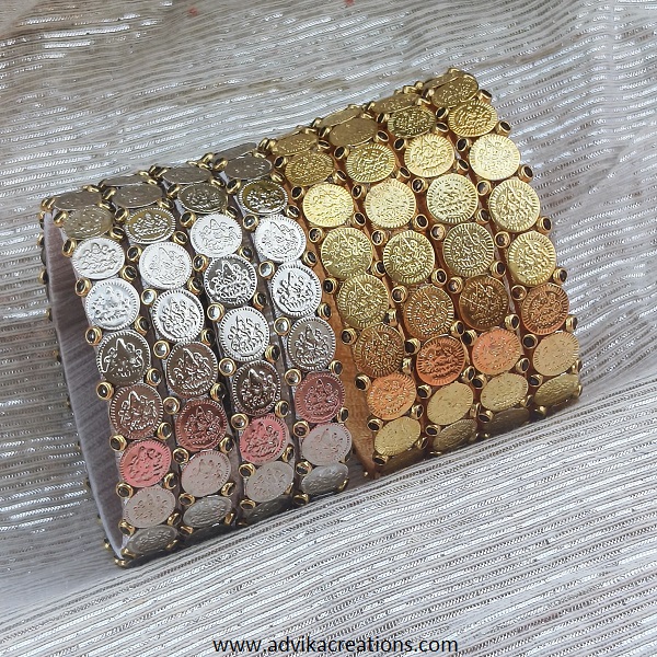 Silver & Golden Coin Silk Thread Kada Bangle combo