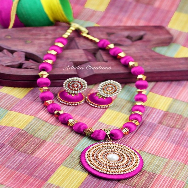 Designer pink Silk thread necklace set