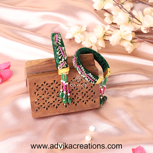 Green Velvet Embroidered Bangles openable