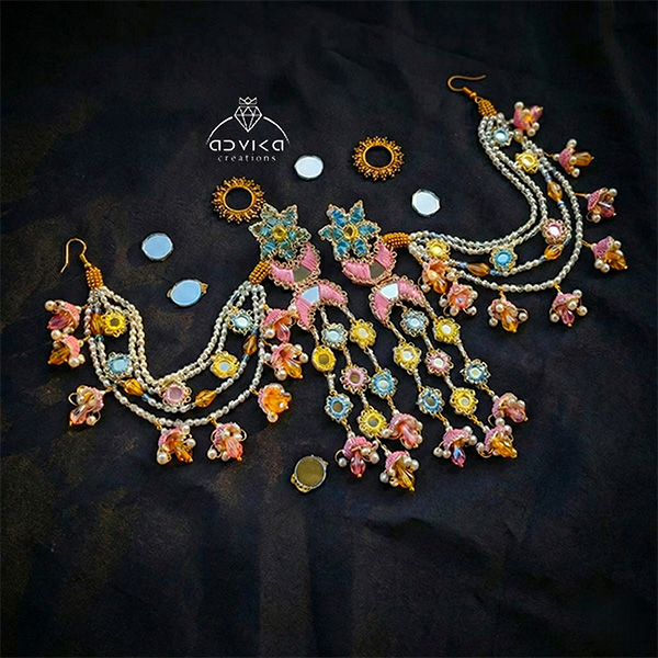 Pastel Mirror Work and Pearl Tassel Earrings