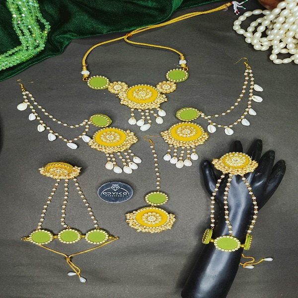 Yellow - parrot green Haldi-Mehndi fabric Jewellery Set for Women