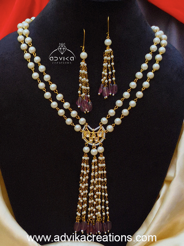 Kundan Pearl Long Necklace Set with Magenta Tablet Beads