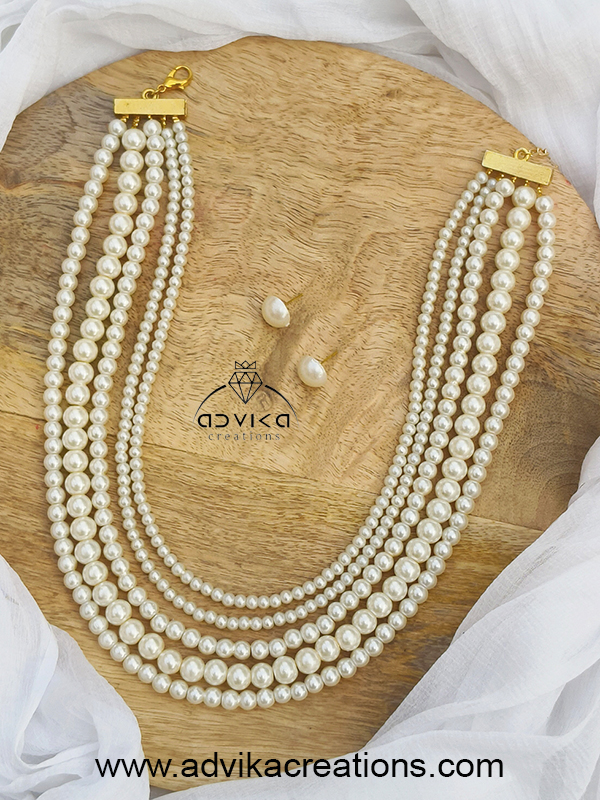 5 Layers Pearl Beads Long Necklace Set