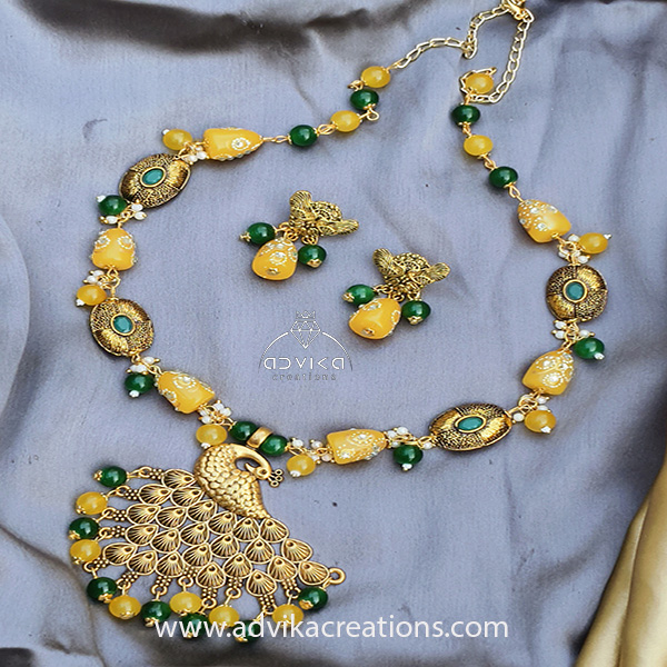 Royal Green & Yellow Necklace with Golden Peacock pendant