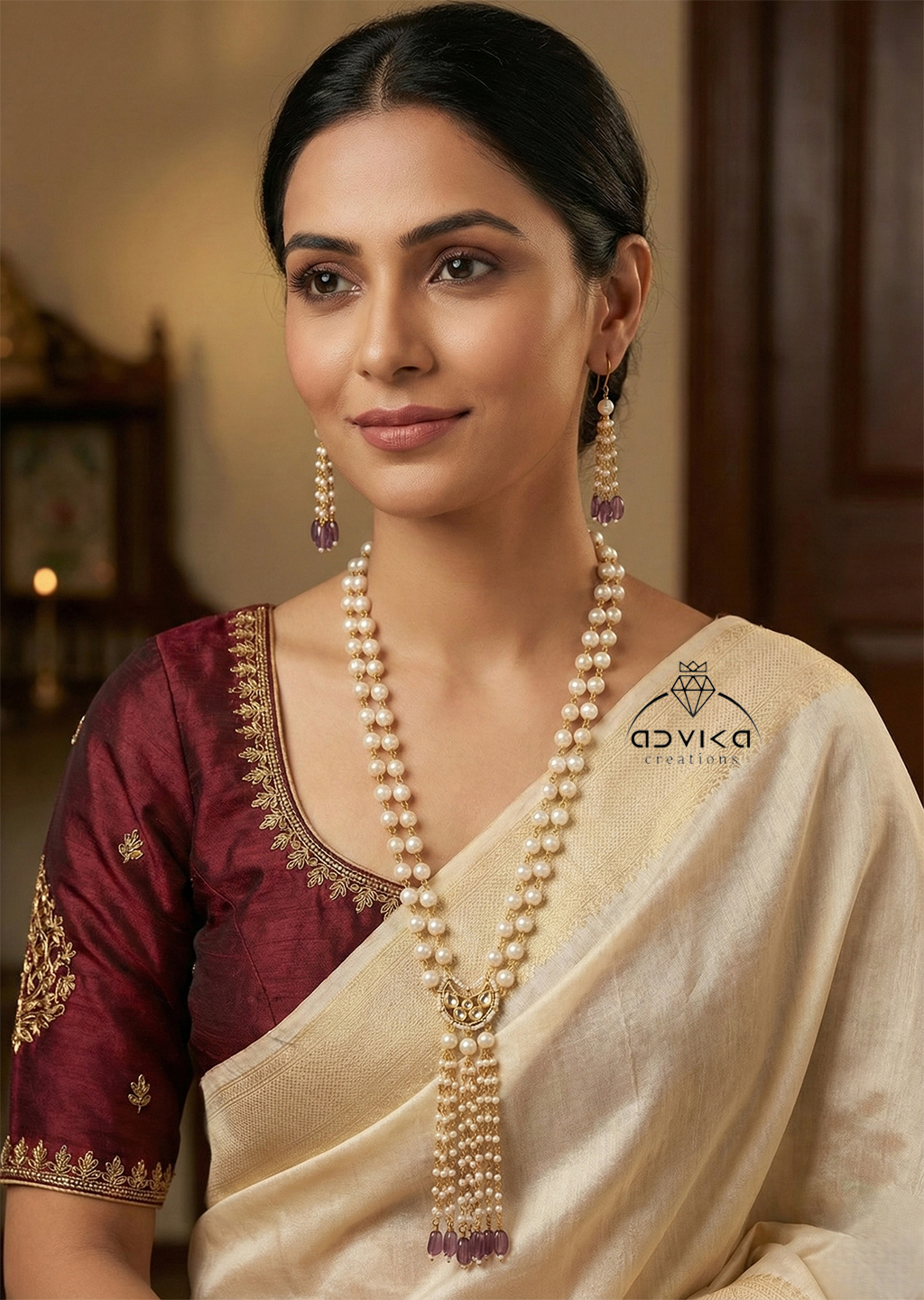 Kundan Pearl Long Necklace Set with Magenta Tablet Beads