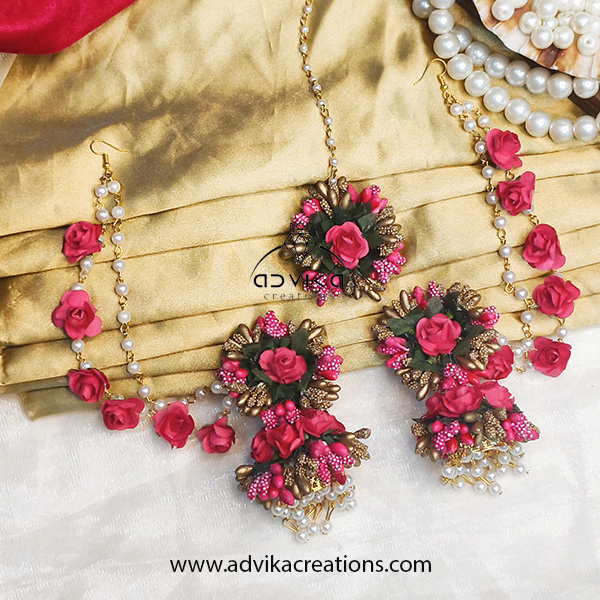 Exquisite Pink Flower Earrings with Double Layer Sahara Chain & Maangtika
