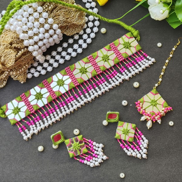Pink and Green Beaded Mirror Jewellery Set for women and girls