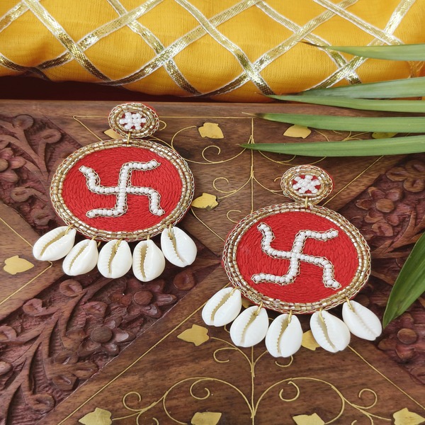 Swastik red Beaded Earring