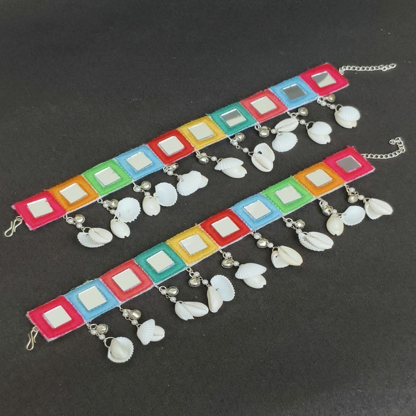 Customizable Handmade Embroidered Anklets with Mirrors, Shells & Pearls fornavratri