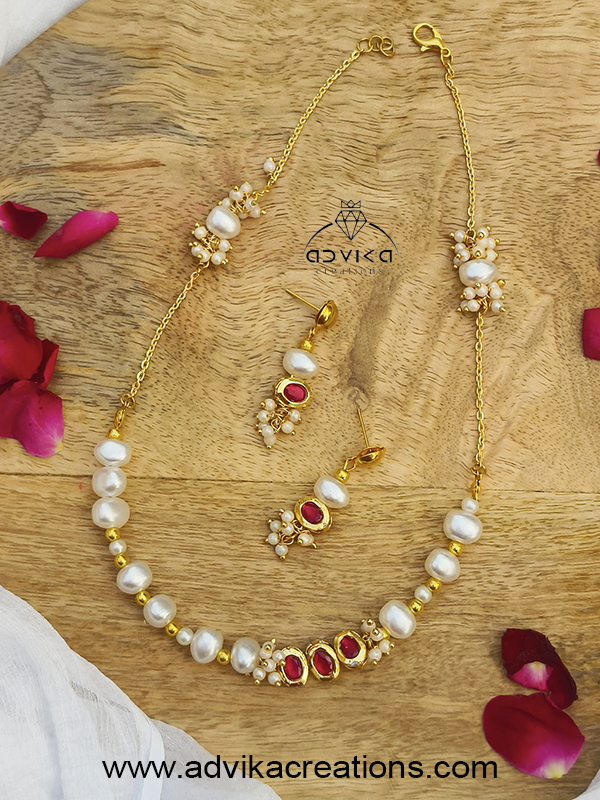 Elegant Pearl Beads Long Necklace Set with Pink Kundan