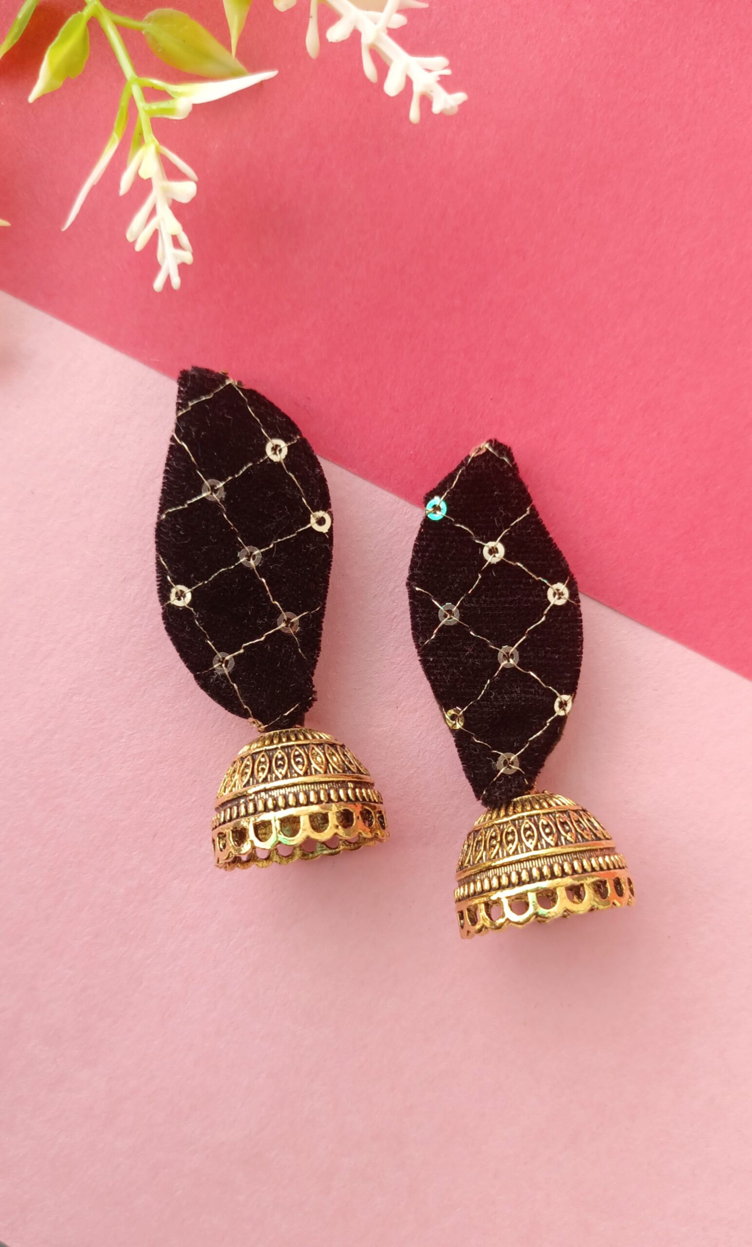 S Shape black fabric earring with jhumki 