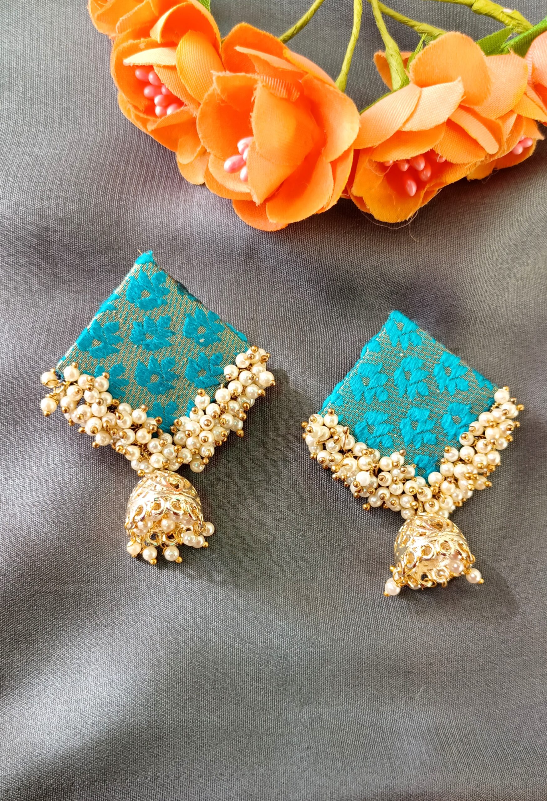 sea green Textured square shape Fabric Earring