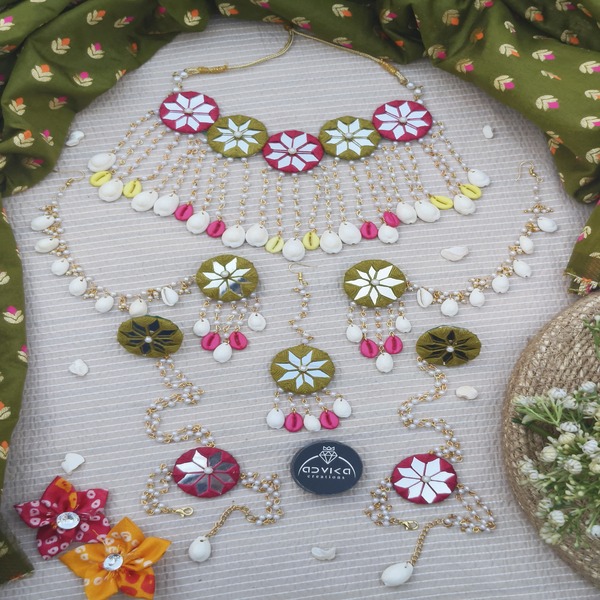 Mehndi Green and Rani Color Mirror Jewellery set for Women and Girls