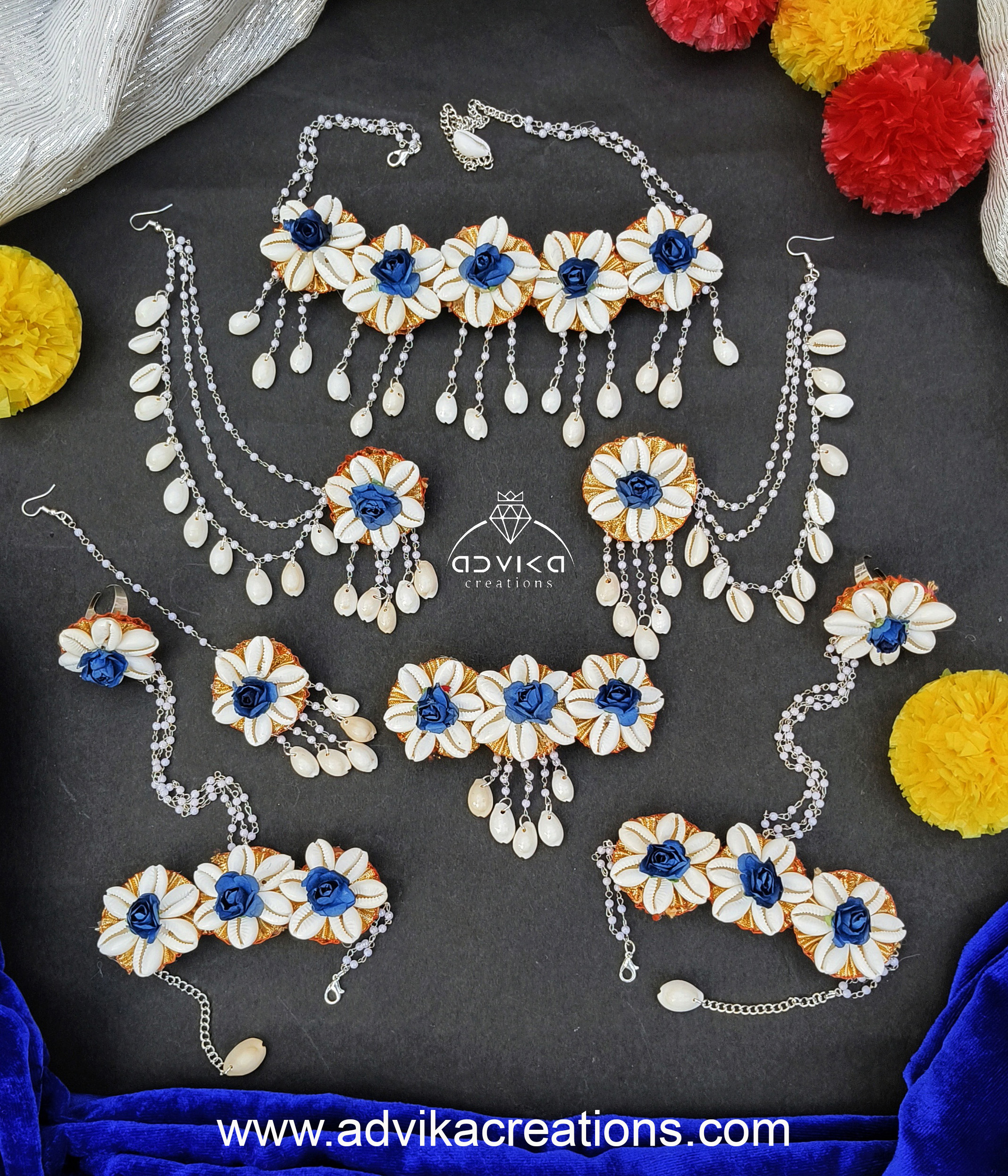 Royal blue Flower and Cowrie Shell Necklace Set