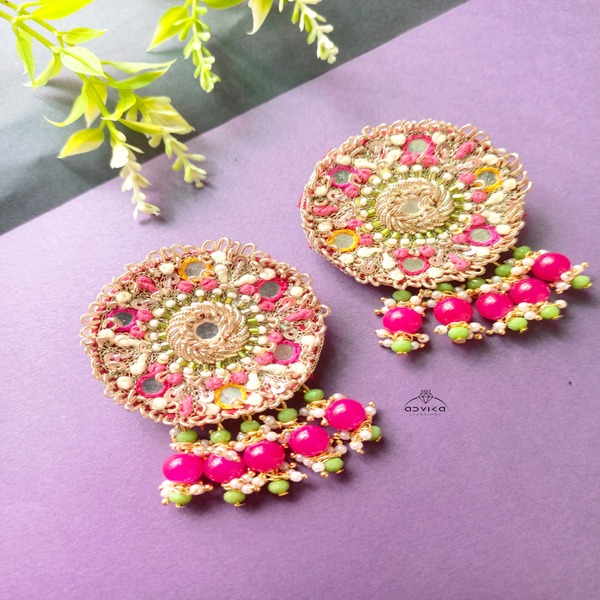 Pink Hand made mirro & beaded Earring