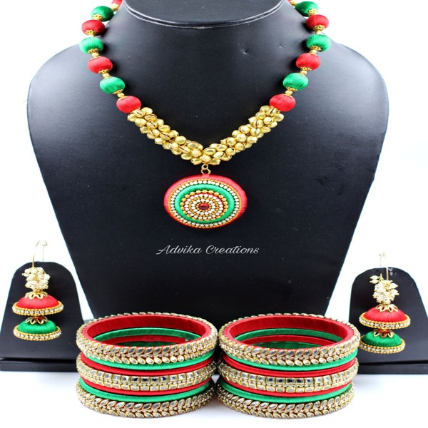 Silk thread dual tone necklace set with matching bangles