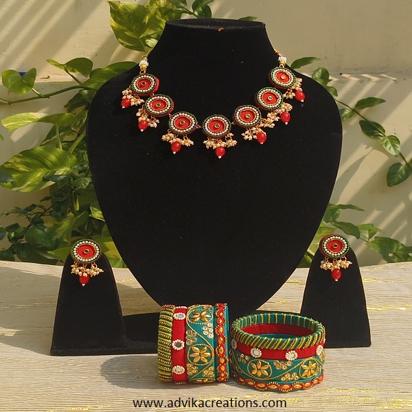 Royal red fabric jewellery set with bangles 
