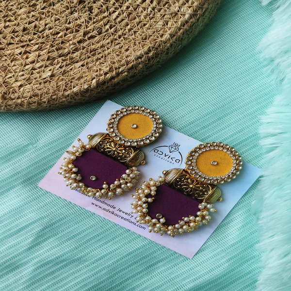 Yellow purple fabric handcrafted Antique Golden Charms Earring for Women and girls