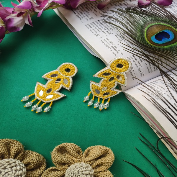 yellow beaded & mirror Handmade Earring with Latkan