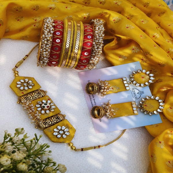 "Elegant Yellow Thread Bangle Set with Matching Choker & Earrings – Handmade Fashion Jewelry"