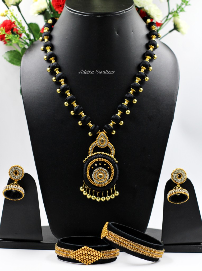Youth Yellow Silk Thread Necklace with Grand Pendant and Earrings